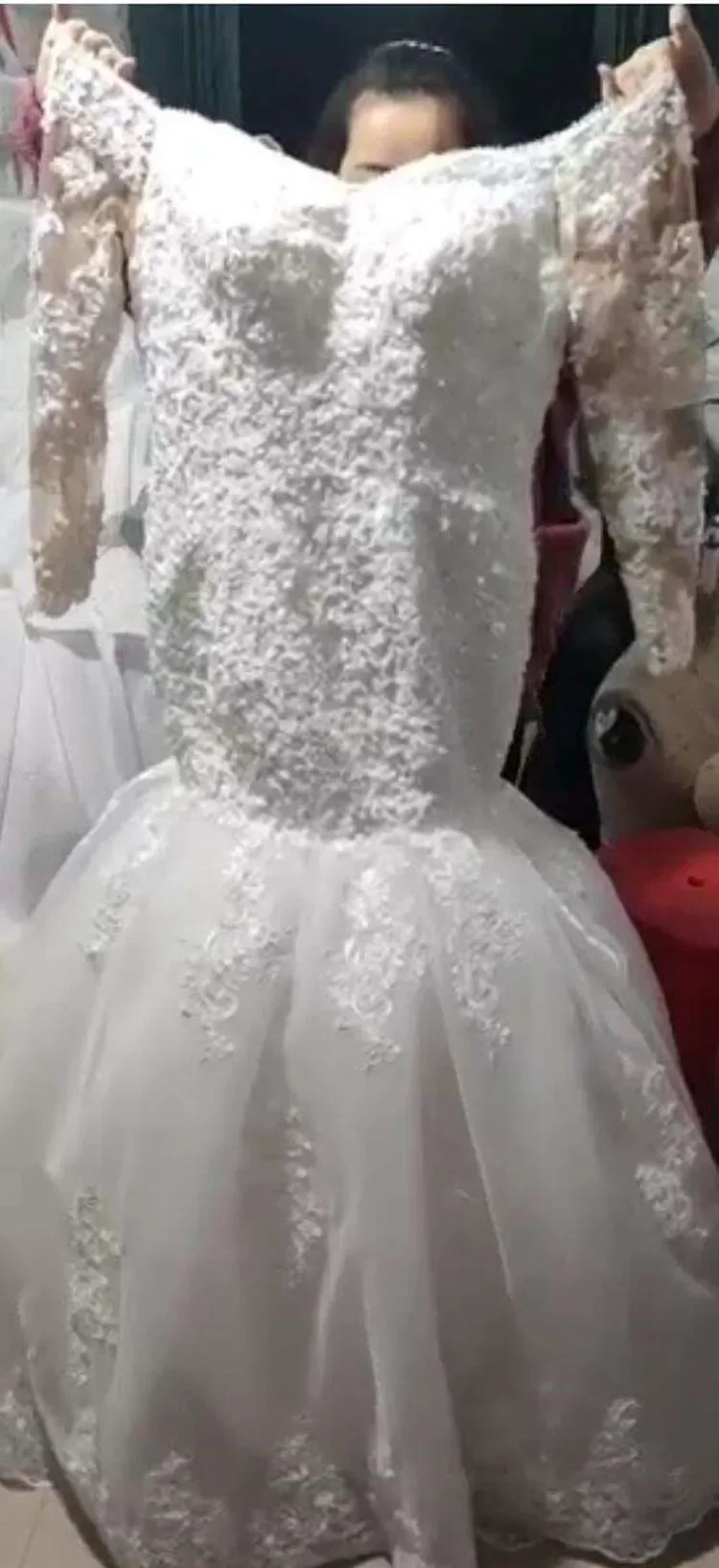 Vestido De novia De sirena De encaje con cuello en V personalizado, batas De boda, tren De barrido, mangas largas, corsé en la espalda, vestidos De novia modestos