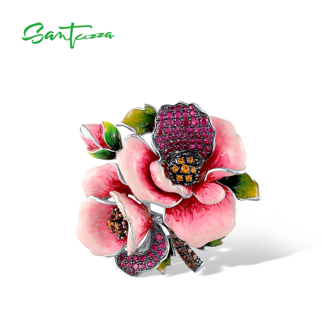 SANTUZZA Genuine 925 Sterling Silver Brooch for Women Sparkling Created Ruby Fantastic Blooming  Flower Fine Jewelry Enamel