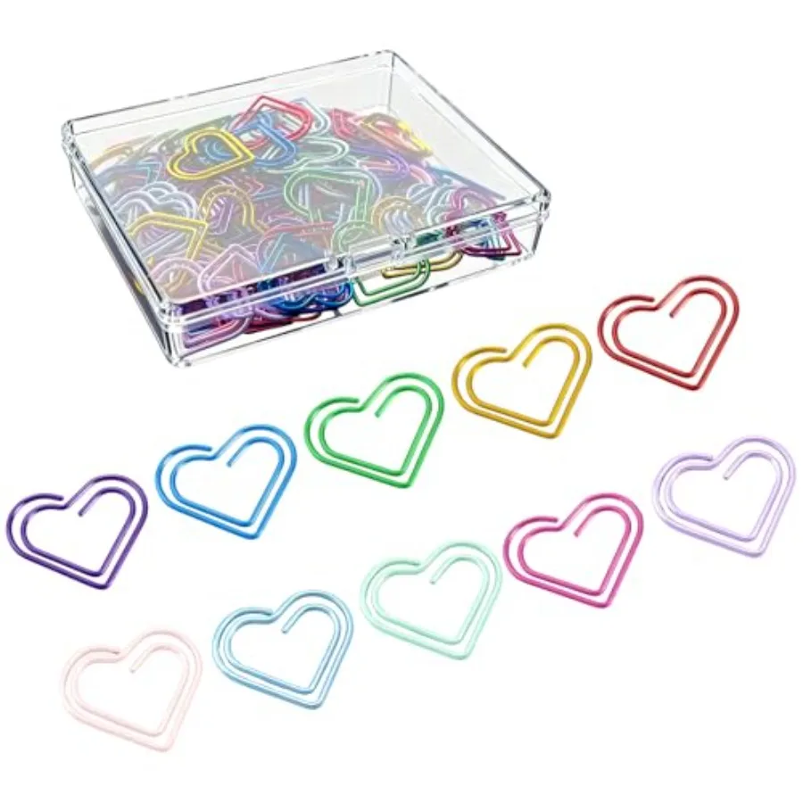 

100 Pcs Colorful Rustproof Double-Layer Heart Shaped Paper Clips for Office Supplies Document Organizer Home Decor Wedding Deco