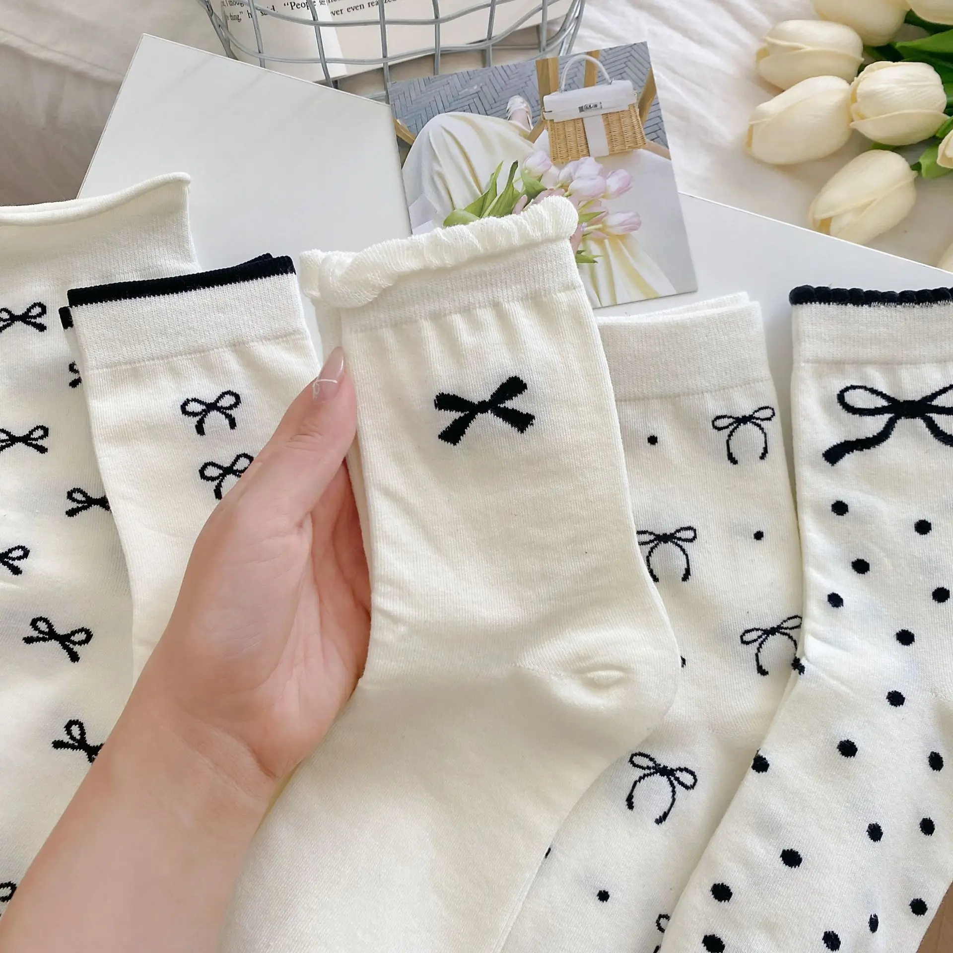 Spring Summer Thin Bow Breathable Socks Ballet Style JK Mid Tube Socks Sweet Balletcore Girl Hollow Mesh Anti Pilling Pile Socks