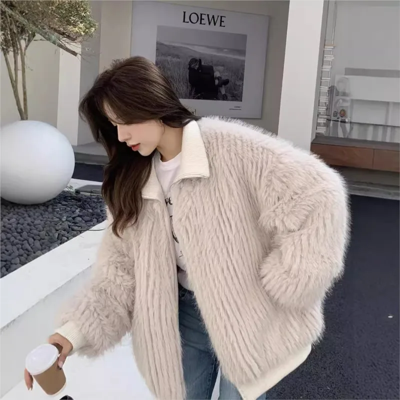

New stand-up collar vertical stripe fur slit mixed coat women's clothing zipper top