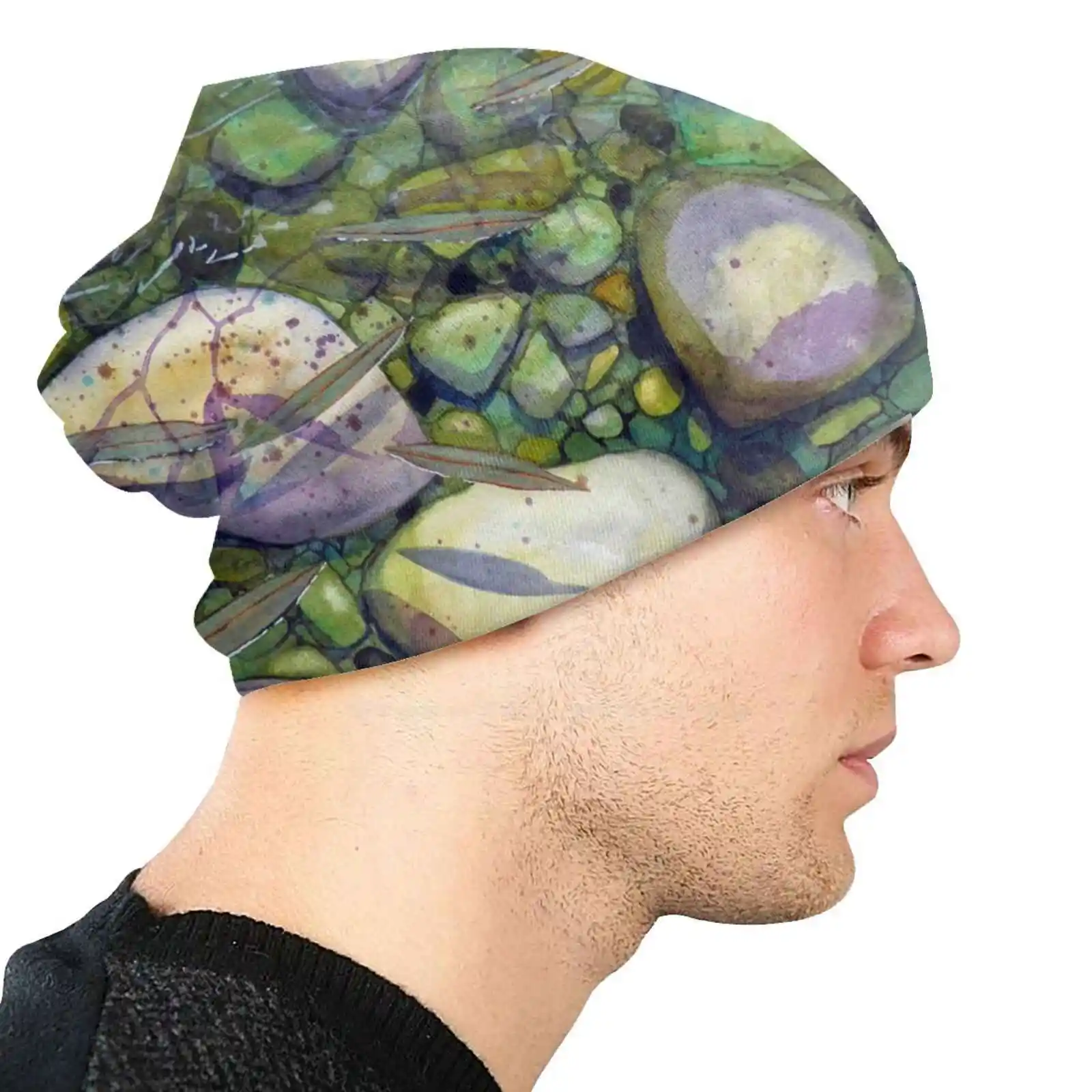 Fresh Knitted Hat Warm Beanie Outdoor Caps Contemporary Nature Watercolour Rocks Pebbles Green Purple Rivers Streams