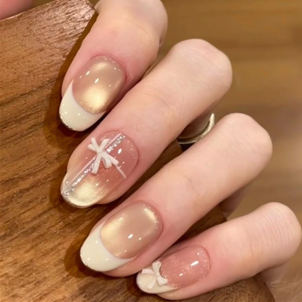 

Sparkling Cat Eye 3D Bowknot Beige Yellow French Nail Art Short Round False Nails Detachable Finished Fake Nails Press on Nails