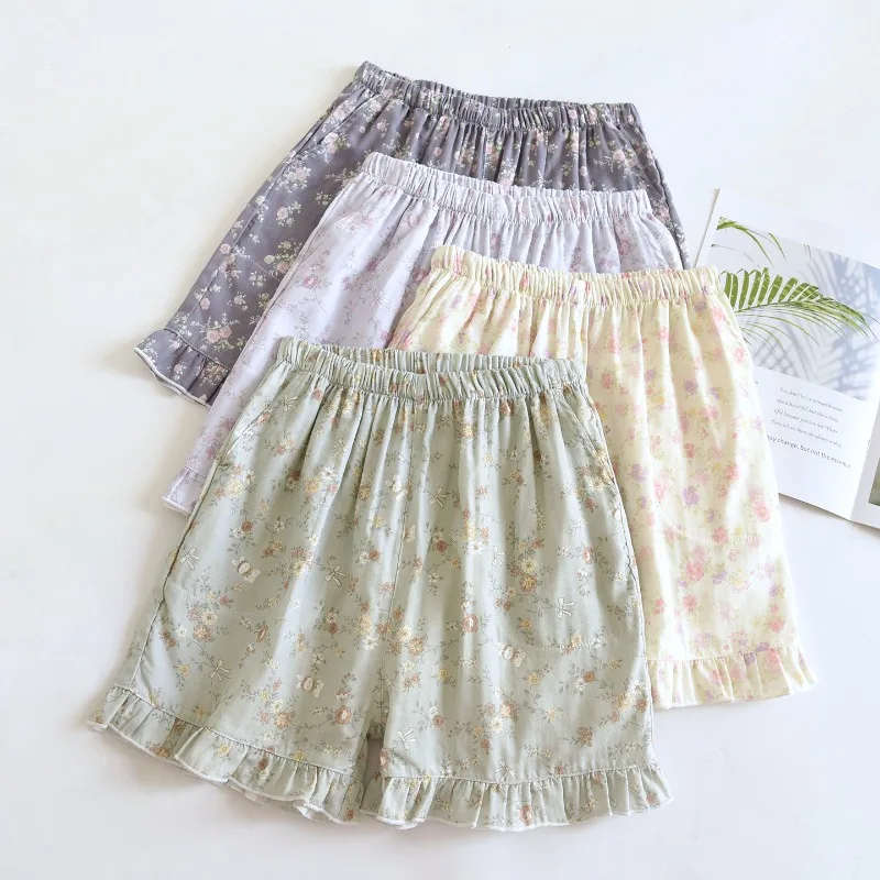 

Летние женские шорты 2026 года, 100% хлопок, марлевые, с кружевом, в деревенском стиле, тонкие, свободные, домашние брюки для женщин