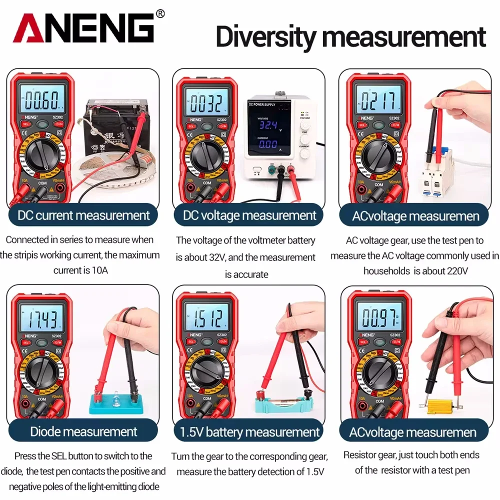 ANENG SZ302 Professional Digital Multimeter AC/DC Votage Tester NCV Detector Resistance Tester Ohm Ammeter Capacitance Test