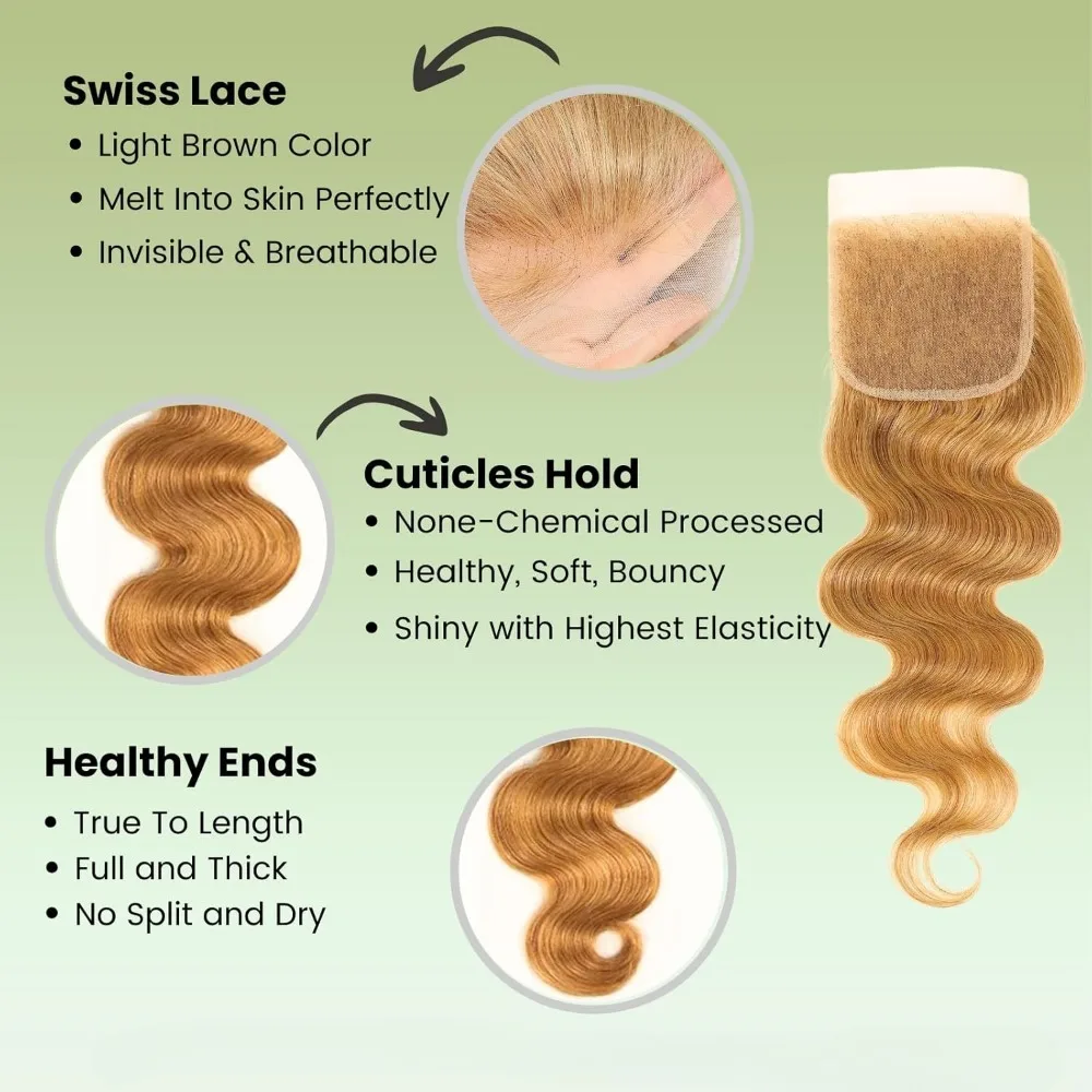 허니 블론드 4x4 클로저 인모 바디 웨이브 색상 # 27 Sun-kissed Vibe 골든 블론드 웨이브 프리 파트 멜트 4x4 클로저 12A 등급