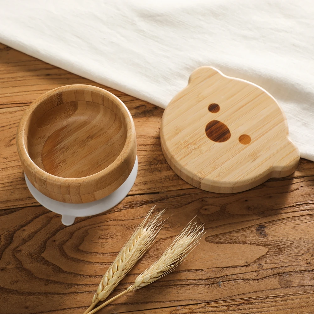 3PCS Set Houten Babyvoeding Servies Set Siliconen BPA Gratis Kinderen Beer Servies Plaat Boog Voor Kinderen Bamboe Kom met Zuigkracht