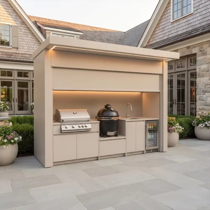 High-Safety Roller Shutter Outdoor Kitchen, Zero Formaldehyde Stainless Steel BBQ Island Hut With Storage Compartments