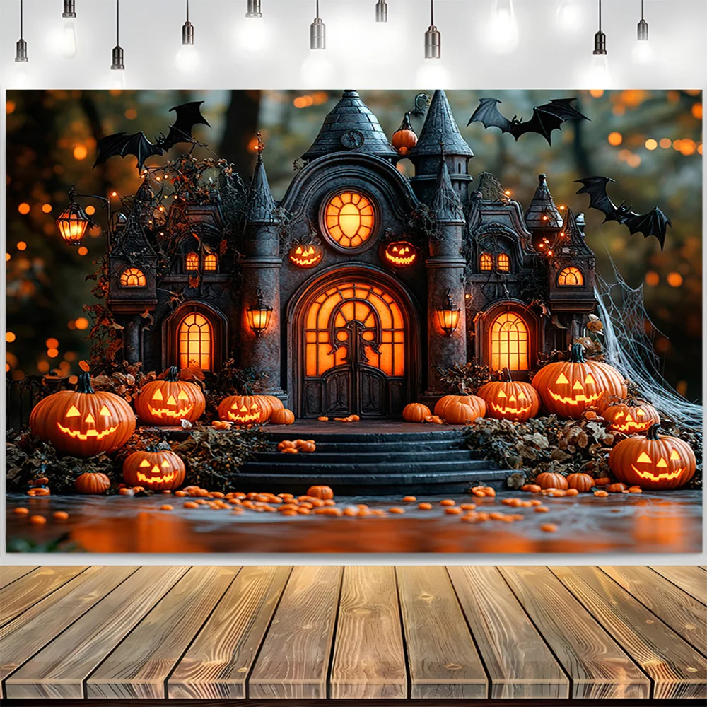3d Podium rumah hantu latar belakang Hari Halloween langkah bersinar poster hantu seram dinding jaring laba-laba fotografi latar belakang GW-04