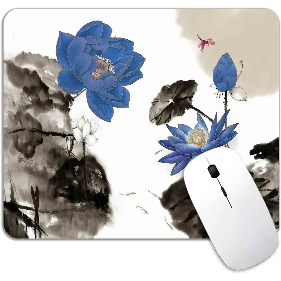 

Blue Lotus Mouse Pad Mat PremiumTextured Washable Art Ink Landscape Mousepad with NonSlip Rubber Base Flower and Bird Mice Pad