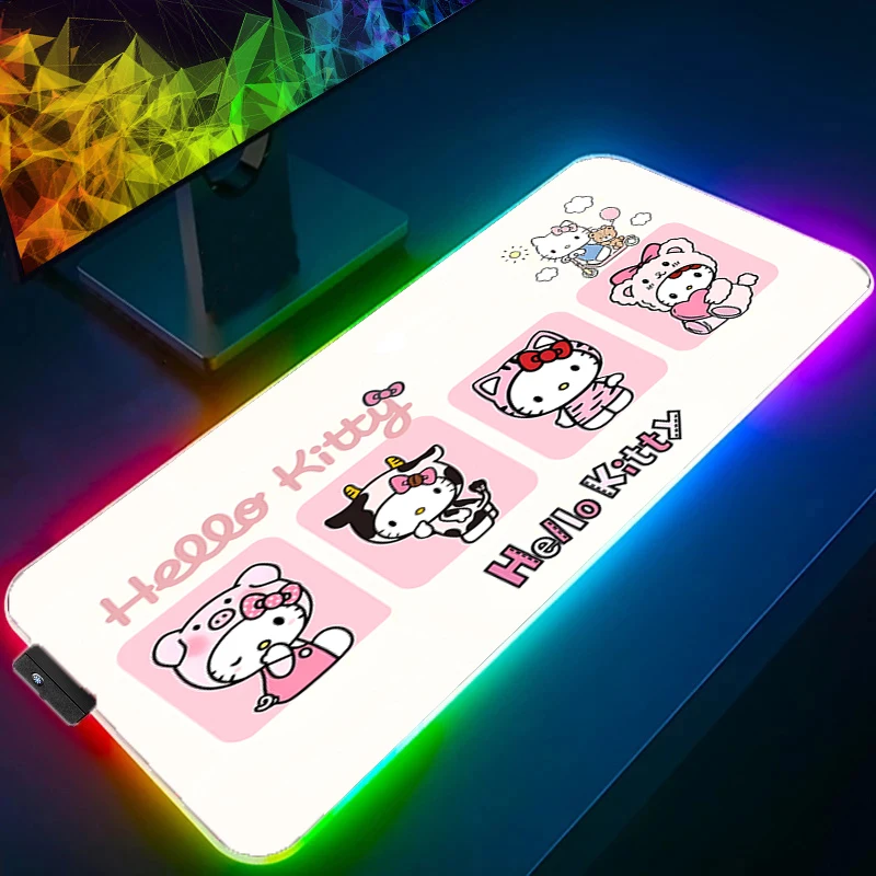 

RGB коврик для мыши H-hello Kitty gamer, большая светодиодная клавиатура, нескользящий резиновый коврик для компьютера, настольный коврик, подсветка для геймера, Kawaii MousePad