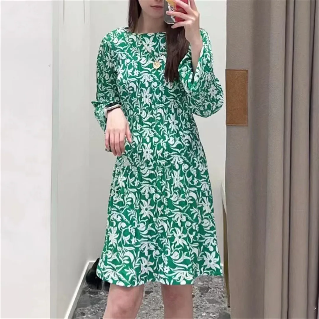 

Romantic Oil Painting Green Pleated Skirt Printed Long Sleeve round Neck Dress M Style Bag Spring Summer Collection Women's F...