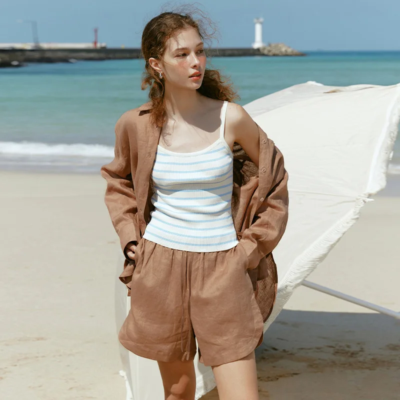 Vintage Linen Shirt Women Lapel Single-breasted Long-sleeved Casual Sun-protective Cardigan Top High Street Fashion Chic Blouse