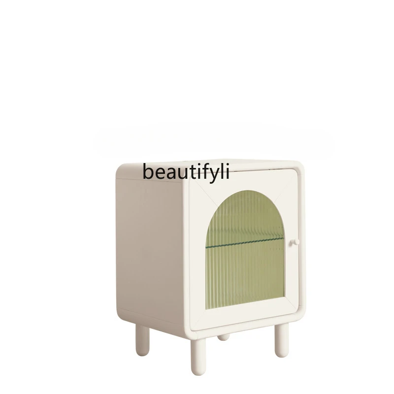 

Solid Wood Bedside Cabinet Modern Simple Cream Style White Locker Small Cabinet with Light