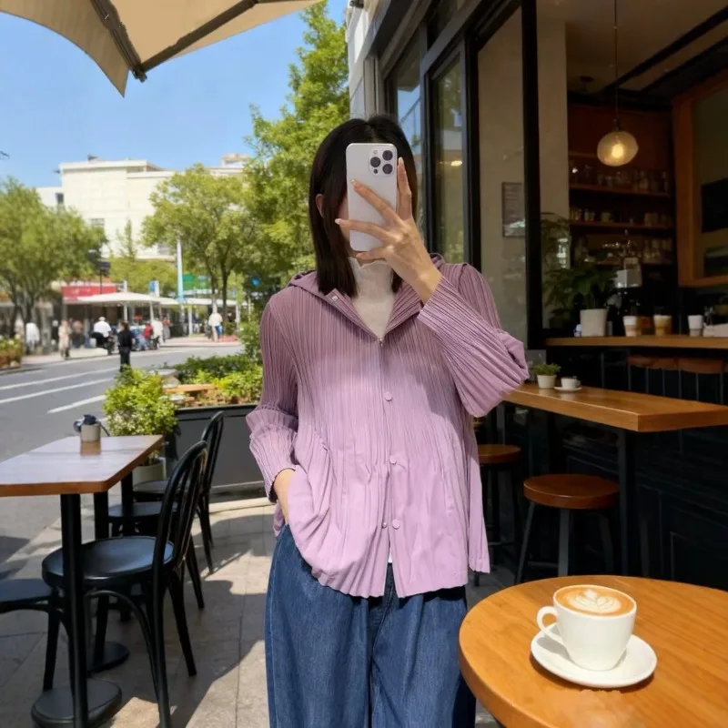 Miyake Pleated Trench Jacket 2026 Autumn New Simple Casual Loose Mid-Length Long Sleeve Hooded Button Women's Wrinkle-Free Coat