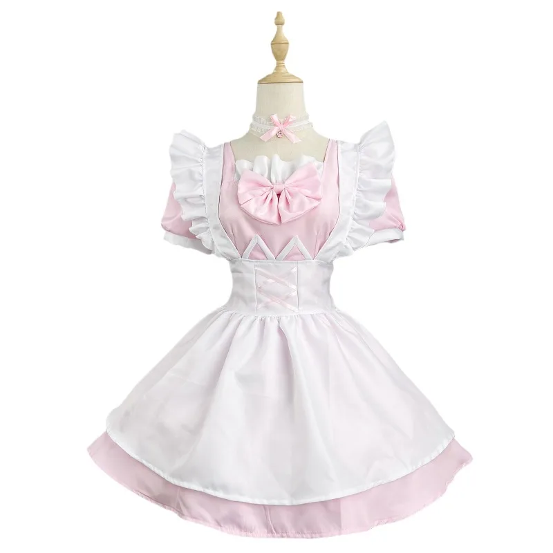Cute Pink White Lolita Maid Outfit with Cat Ear Headband Short Sleeve Ruffle Apron Dress Anime Cosplay Costume view 5