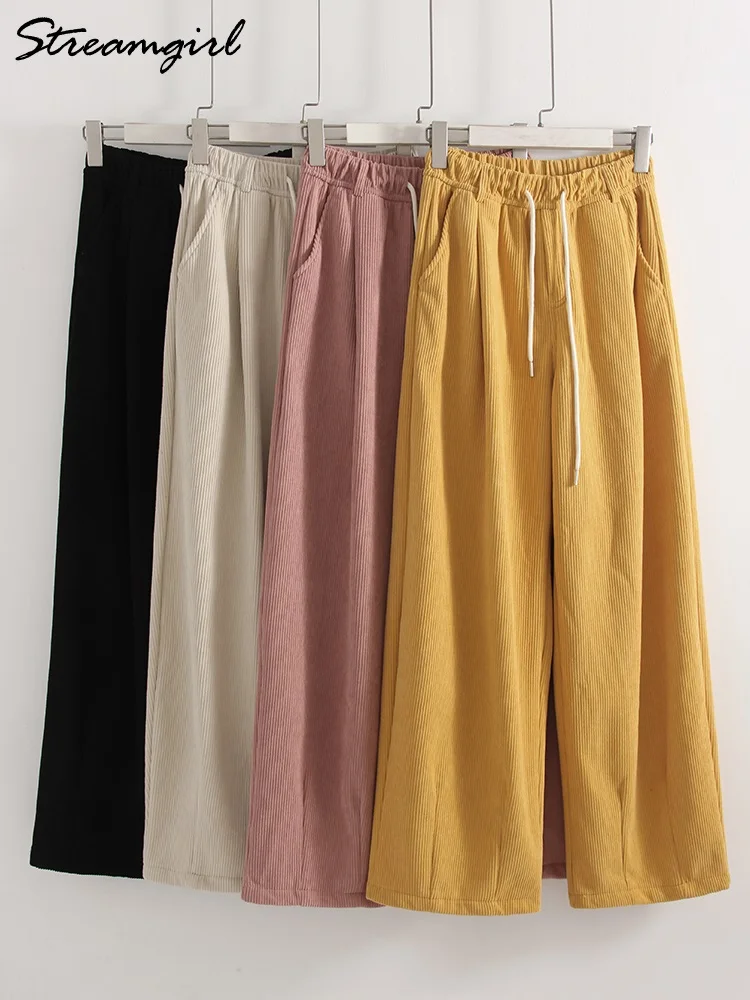 Streamgirl شتاء دافئ سروال قصير الصوف النساء أسود مستقيم السراويل الطويلة واسعة الساق الوردي سميكة المخملية السراويل النساء الشتاء #5