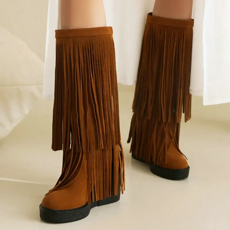 

Faux Suede Nubuck Western American Woman Winter Shoes With Tassels Wedges High Heels Platform Mid-calf Fringes Boots Big Size 44