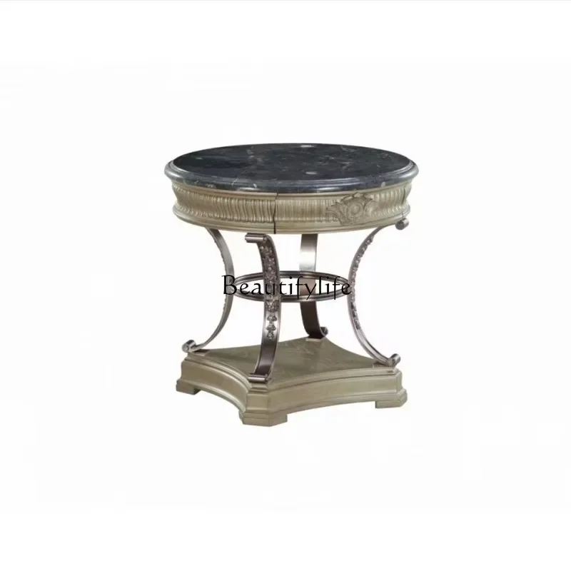

ls 27American living room solid wood sofa side table round marble surface metal solid wood edge table