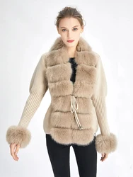 Fall Winter Women Faux Fur Coat Luxury Knitted Sweater Cardigan with Fur Trim Elegant Detachable Fur Belt Jacket Faux Fur Coats