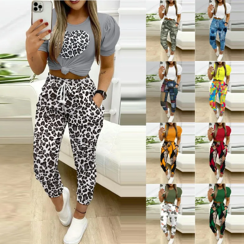 

2025 summer new style; European and American style multi-color short top; leopard print casual pants trend two-piece set.