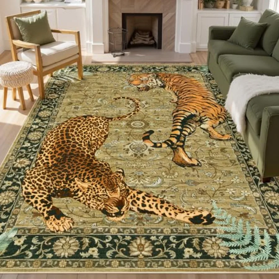 

Washable tiger print living room area rug 6x9, vintage large cheetah rug for bedroom, boho non-slip ultra-thin soft indoor floo