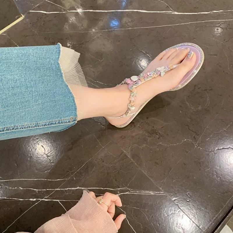 Women's Pink Floral Rhinestone Embellished Thong Slingback Square Toe Flat Sandals Fairy Elegance Ladies Beach Casual Shoes