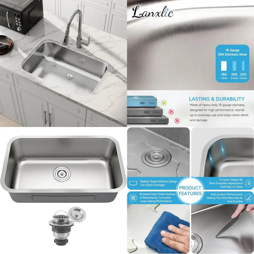 

Commercial Grade 30 Inch Stainless Steel Undermount Single Bowl Kitchen Sink with Curved Design and Satin Finish