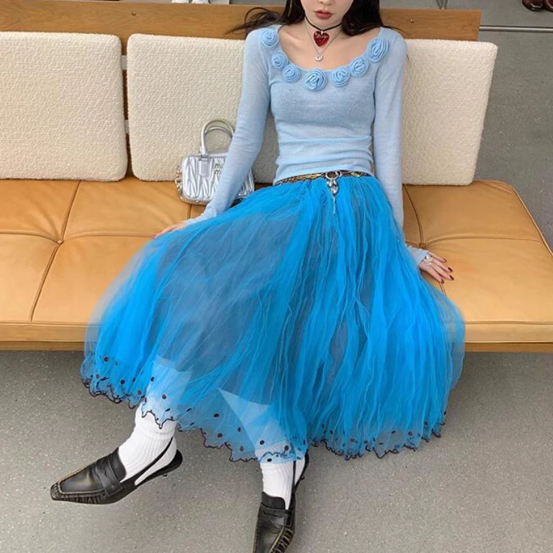 

Spring and Summer 2025 Sweet and Fresh Wrinkled Yarn Embroidered Lace Fairy Wind Contrast Color Skirt
