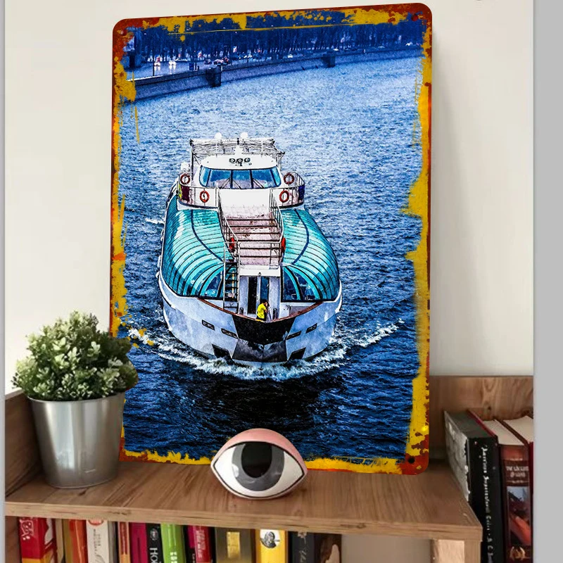 City Night View Cruise Ship Metal Iron Painting Home Decor Living Room Wall Art Modern Minimalist Style Unframed Painting