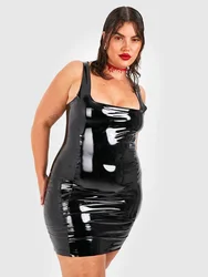 Plus Size Women Patent Leather Mini Dress 7XL Sleeveless Stretch Bodycon Tank Dress Party Faux Latex Dress 6XL Nightclub Costume