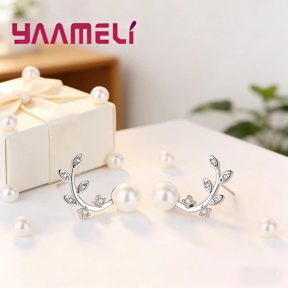 Latest Style Clear Crystal Earrings for Women 925 Sterling Silver Pearl and Branch Stud Earrings Female Jewelry Big Sale
