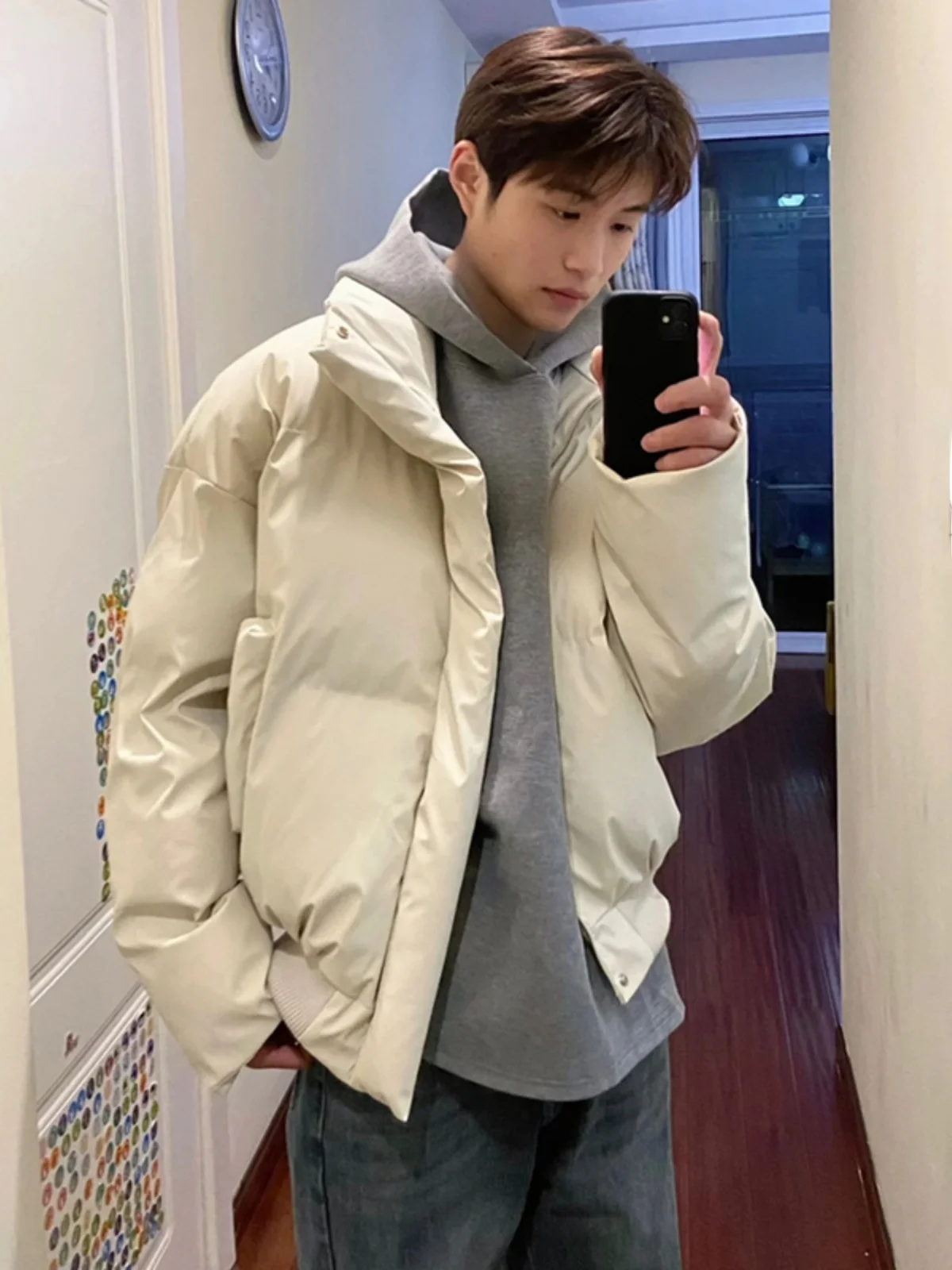 

Men's Short PU Leather Jacket Thickened Bread Style Winter Coat Warm Pure Color Zipper Closure Cotton Fill Casual Outerwear