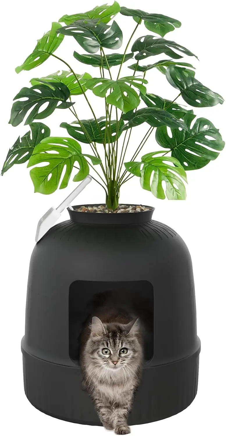 

Litter Box Cat with Faux Plant & Scoop, Hidden Enclosure Litter Tray with Odor Control & Carbon Filter in Living Room, Bedroom