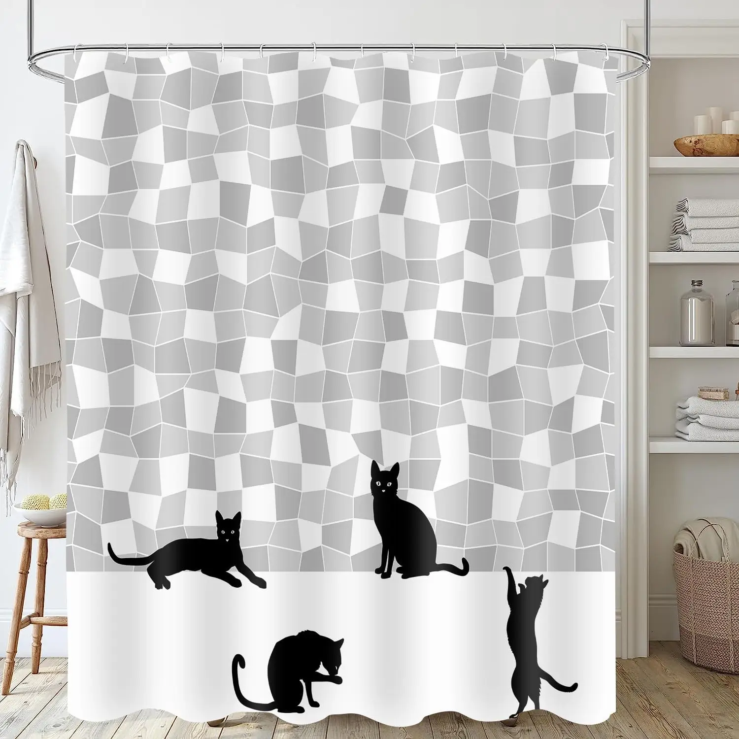 

Cute Cat Shower Curtain,Funny Black Cat White Mosaic Bathroom Accessory Set,Black Fun Silhouette Shower Curtain Polyester Fabric