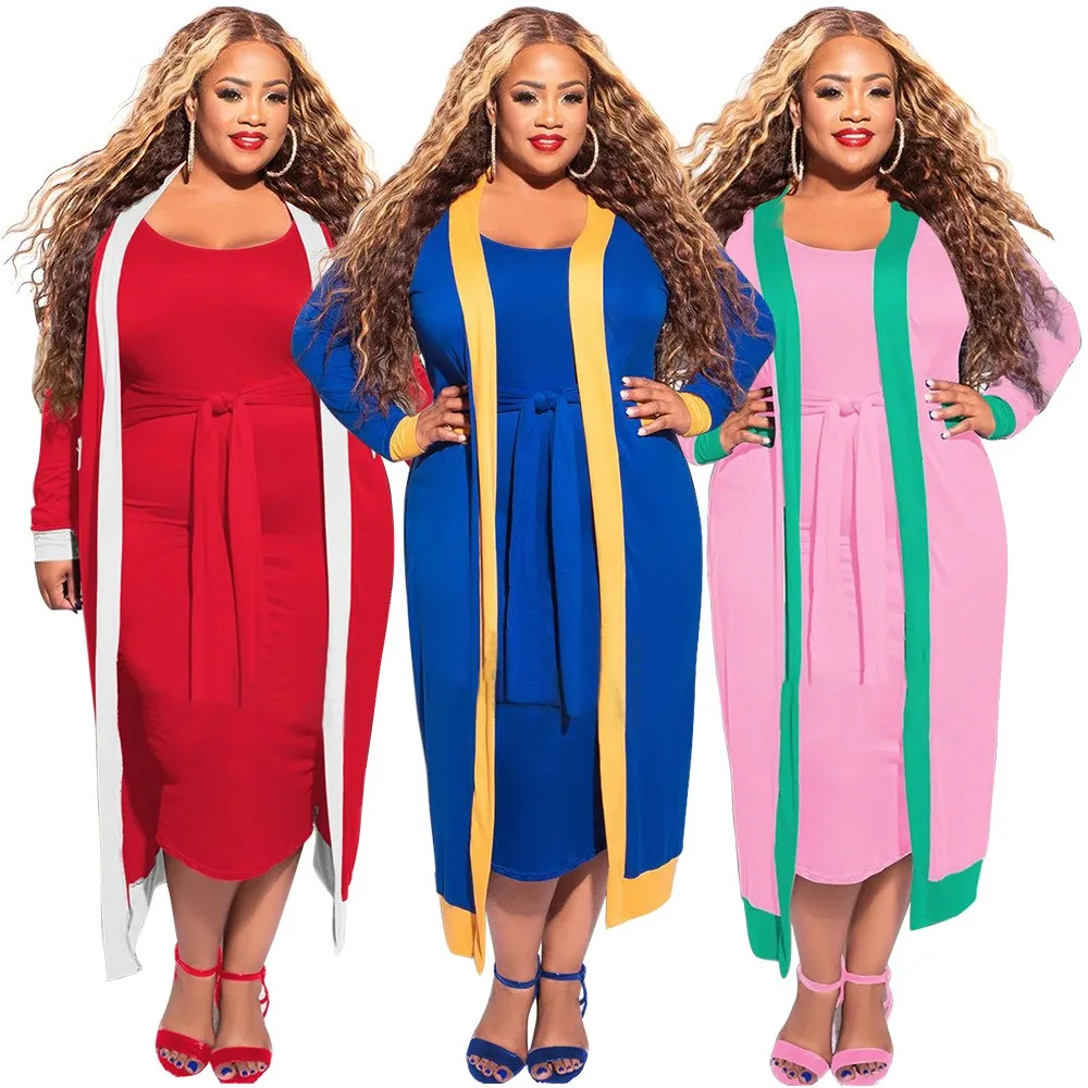 L-4XL 2024 Winter Plus Size Two Piece Sets for Women Clothing Fashion Patchwork Long Sleeve Coats and Belt Dress Suits Wholesale