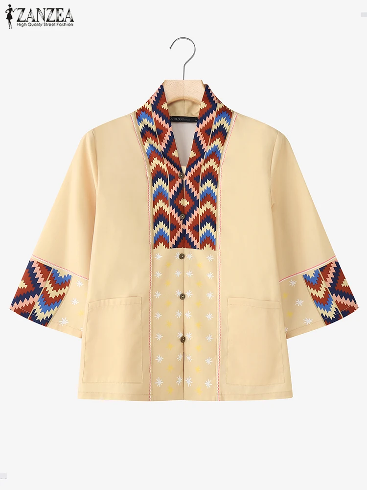 Vintage Patchwork Shirts Vrouwen Tops ZANZEA 2025 Herfst 3/4 Mouw Grote Zakken Mode Tuniek Casual Losse V-hals Tops Blusas
