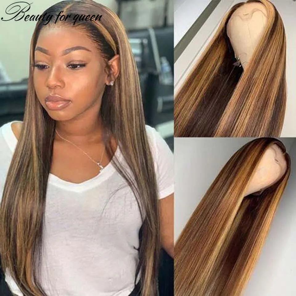 

High Quality Transparent Lace Frontal Wigs Highlight Brown Long Straight Brazilian Colored Human Hair Wig For Women Pre Plucked