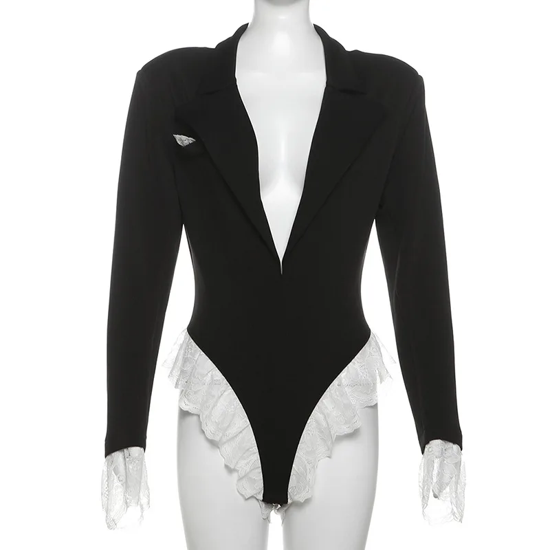 

Lace Fashion Suit Jumpsuit Female Blazer Body Top V-Neck Slim Long Sleeve Sexy Cardigan Streetwear Women Black Rompers New