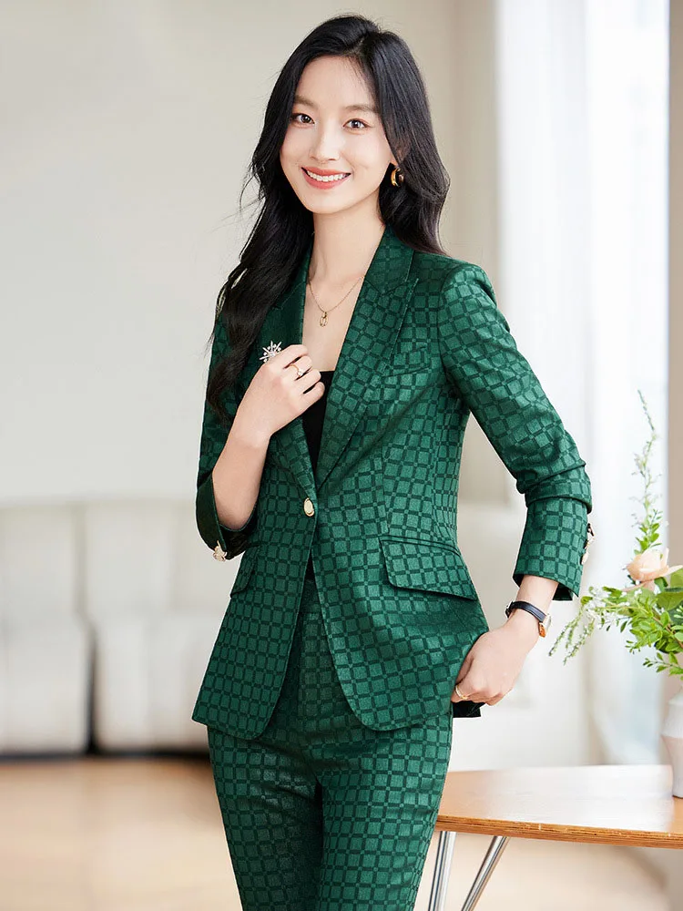 Women\'s Spring Autumn New Fashion Plaid Professional Suit Jacket Matching Set Korean Elegant Casual Blazers Pants Two Piece