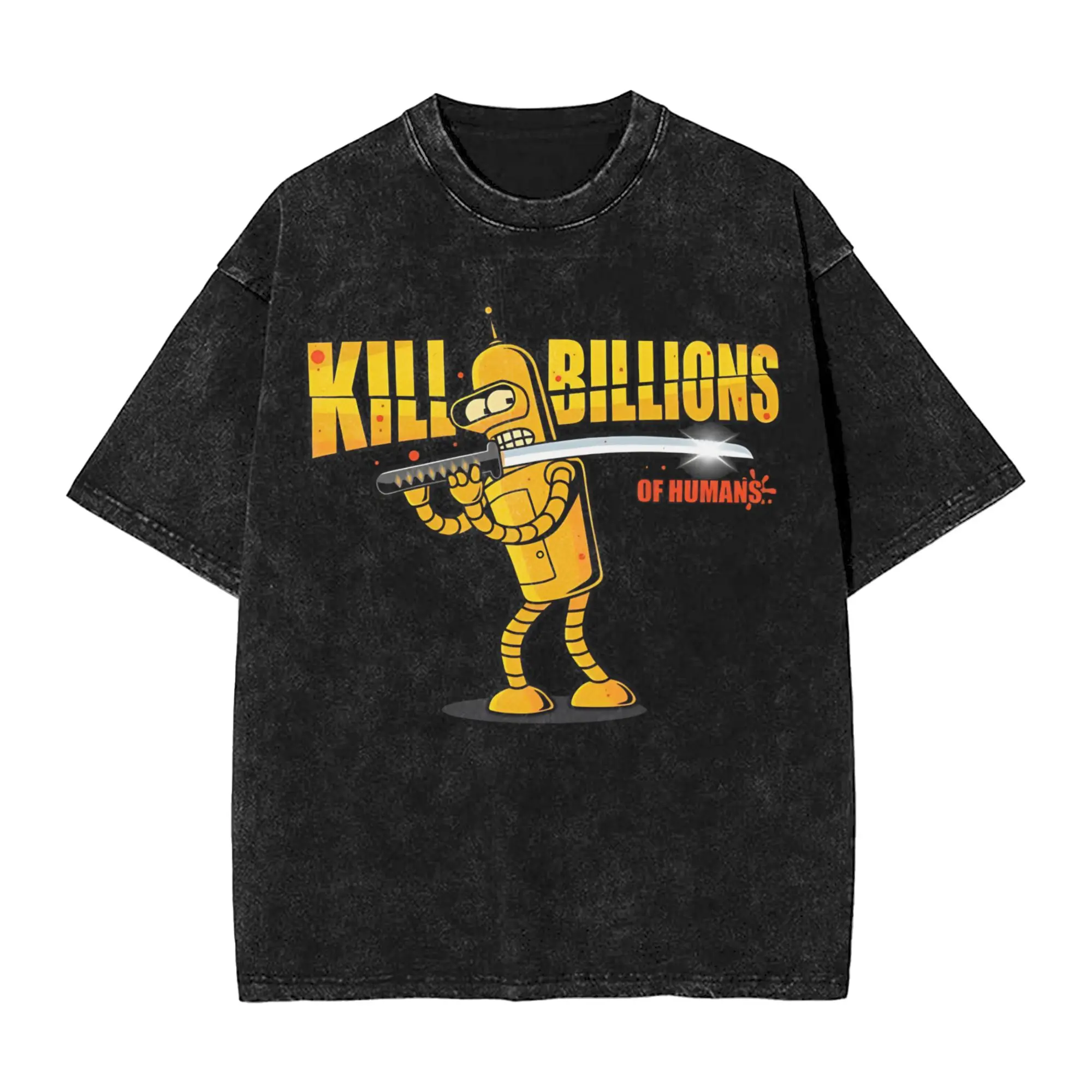 Kill Bill-ions Futuramas Benders Meets Kill Bill  Washed T Shirt Streetwear Hip Hop Vintage T-Shirt  Tees Tops Men Women