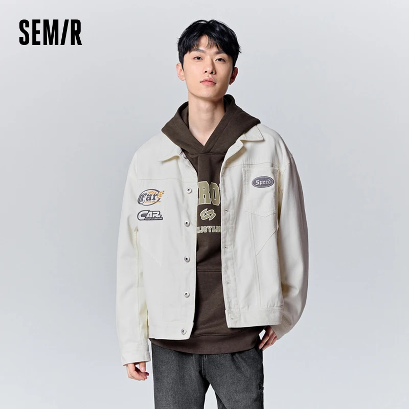 

Semir Coat Men Autumn Fashion Stitching Embroidery Loose Trendy Cool Motorcycle Coat Abrasive Textured Letter Top