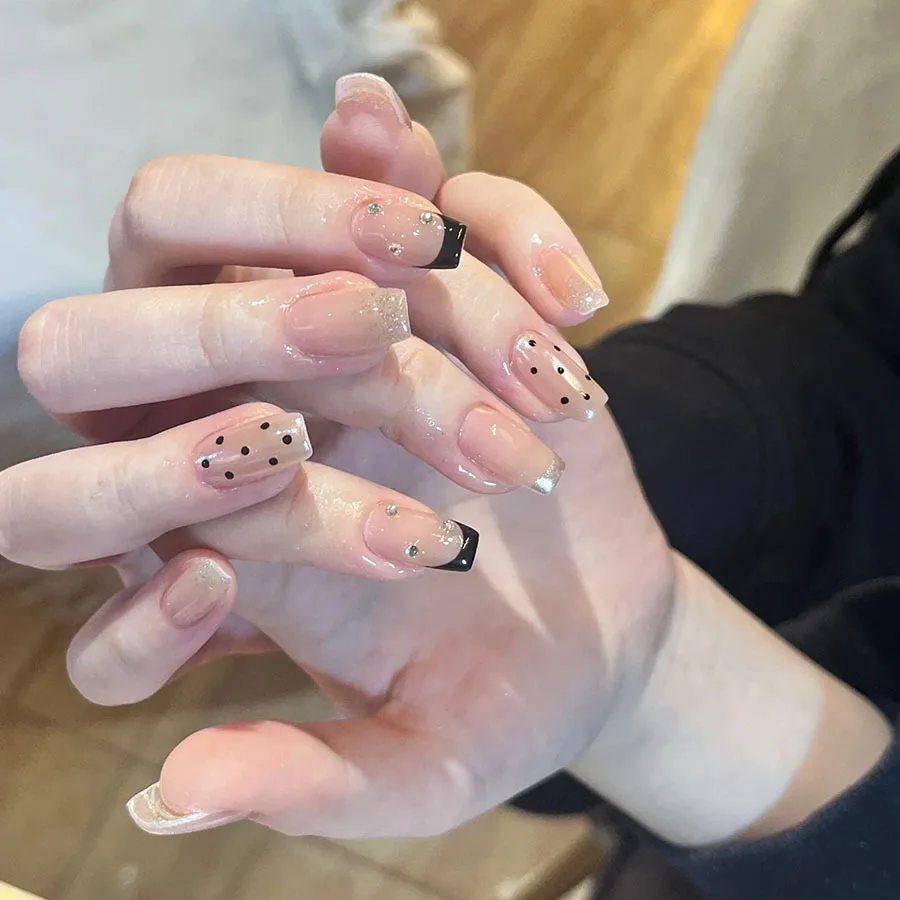 

10Pcs Dark Blue French Handmade Press on Nails Summer Ocean Style Fake Nails 3D Flower Wearable Full Cover False Nail Uñas 네일팁