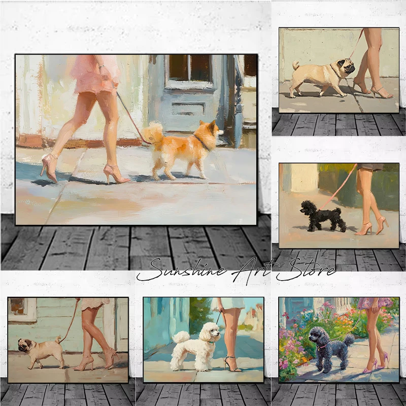 Poodle Pug Pomeranian Girly Dog City Walk Whimsical Cute Dog Fine Art Trendy Home Poster Canvas Painting Wall Picture Home Decor
