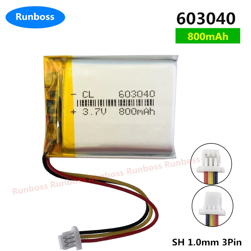 Nowy 3,7 V 800 mAh 2,96 Wh 3 przewody Termistor NTC Bateria polimerowa LiPo 603040   Złącze JST 3Pin 1,0 mm do kamery samochodowej GPS DashCam