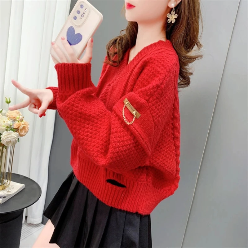

Women's Distressed V-Neck Knit Sweater Cable Pattern Short Crop Loose Korean Style Autumn Winter Tops