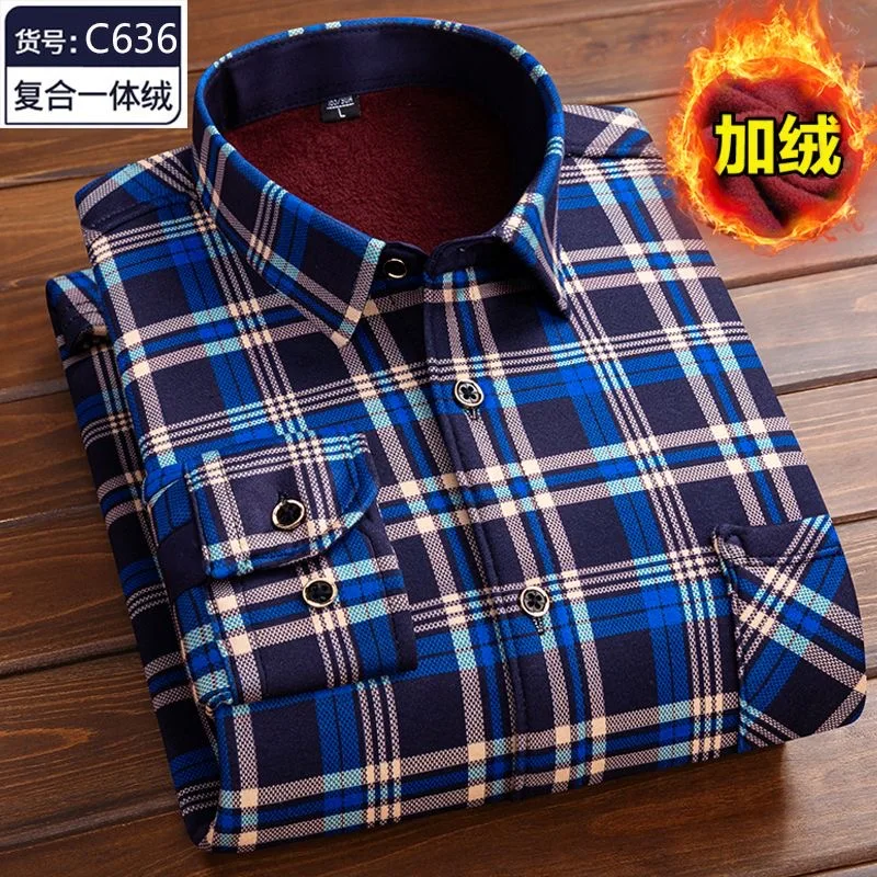 New Autumn and Winter Fashion Trend Fleece-Lined Thickened Warm Long-Sleeve Shirt Men's Casual Loose High-Quality Plaid Shirt