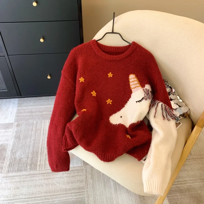 

Women Christmas Red Pullover Sweater Vintage Jumper Knit Long Sleeves Patchwork Embroidery Cashmere Sweater 2000s Clothes Winter
