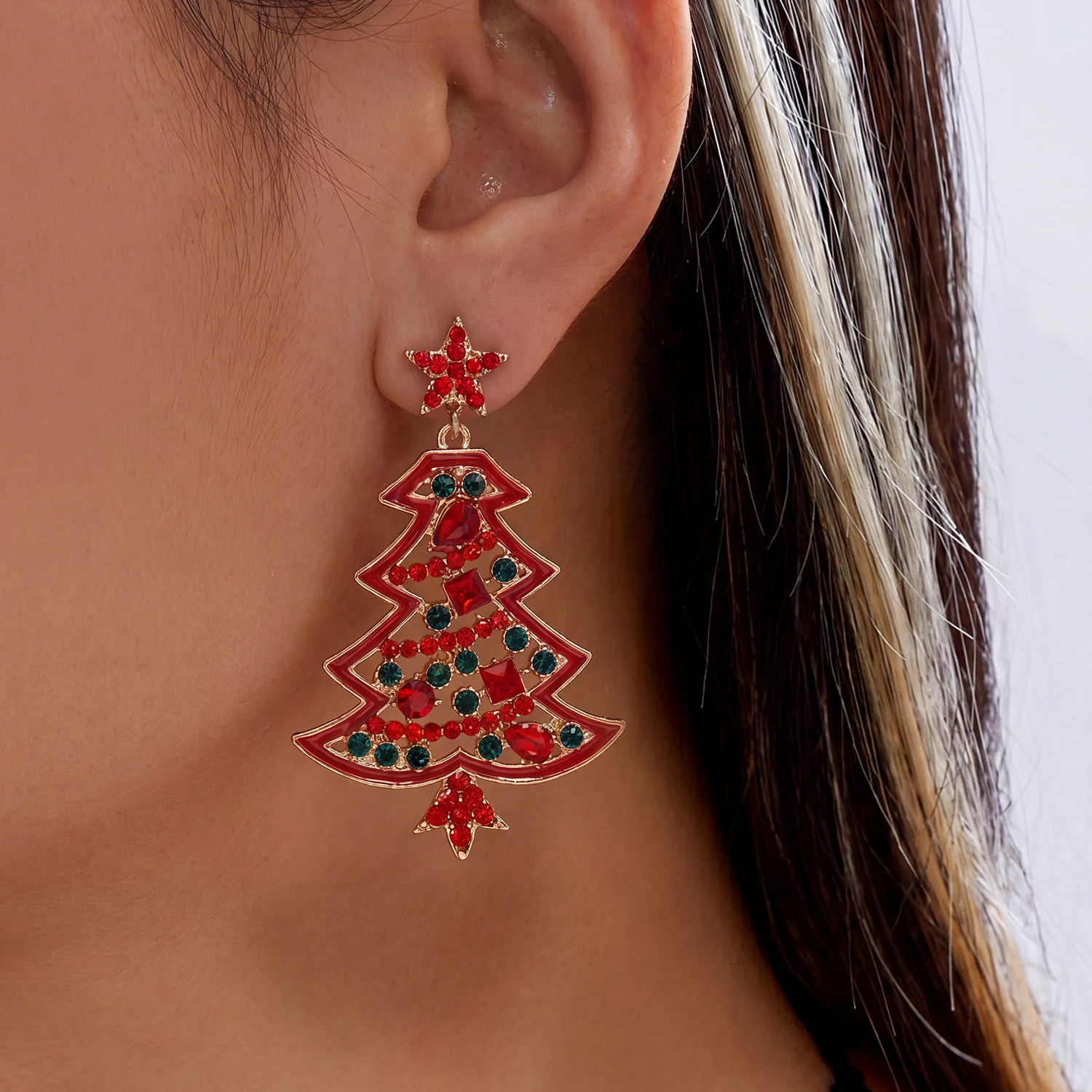 Luxuriöse Rosa Zirkon Weihnachtsbaum-Ohrhänger für Damen Niedliche Stern-Imitationsperlen-Ohrringe Ästhetischer Neujahrs-Schmuck – Detail 4