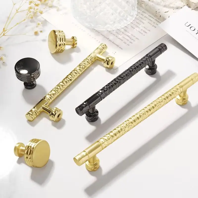 Light Luxury Zinc Alloy Cabinet Handles Bright Gold Black Hammered Drawer Knobs Wardrobe Dresser Kitchen Furniture Pulls